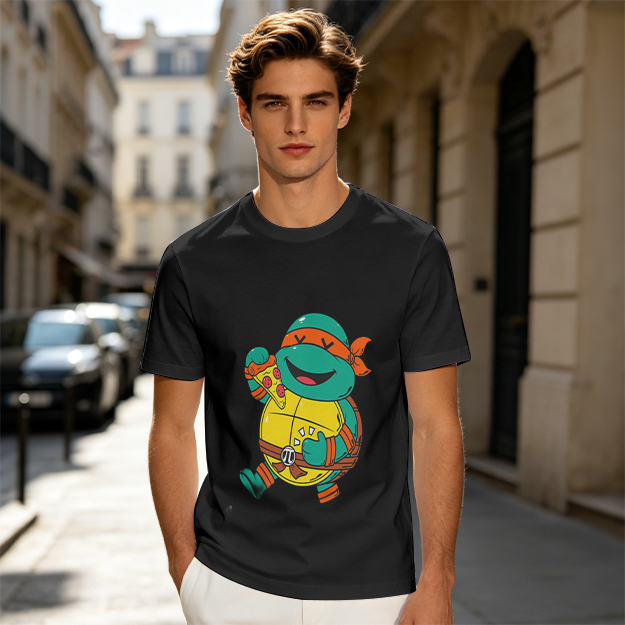 Olive T-shirt with cartoon ninja turtle holding pizza graphic