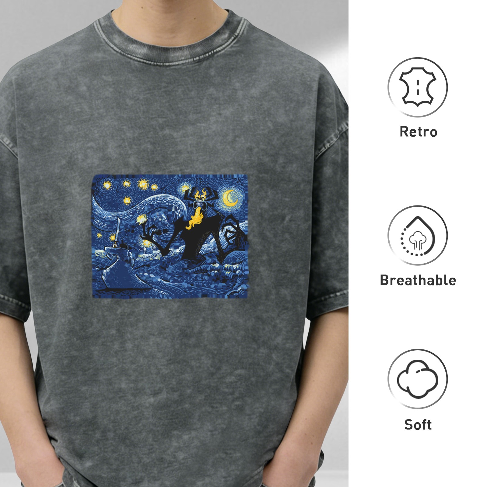 Washed Black T-Shirt with Starry Night Samurai Villain Graphic