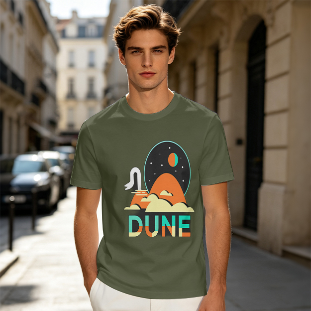 Olive Dune Themed Graphic T-Shirt with Desert Planet Artwork
