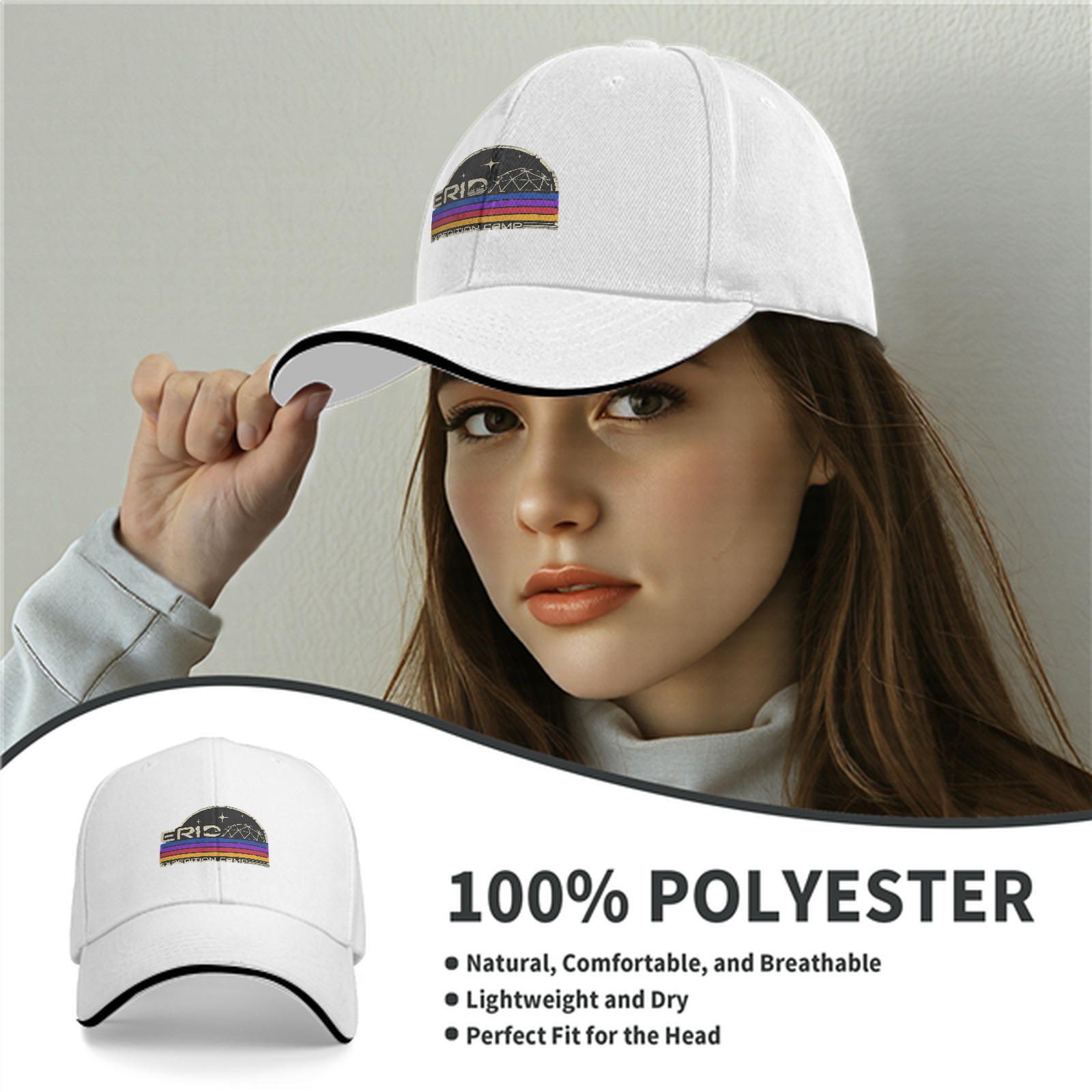 Black baseball cap with retro Erid Expedition Camp graphic