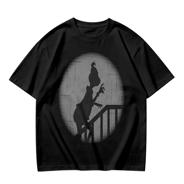 Olive Green T-Shirt With Grinch Silhouette On Staircase Print