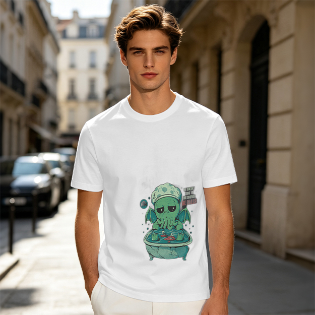 Olive T-shirt with Cute Sad Cthulhu Bathing Graphic