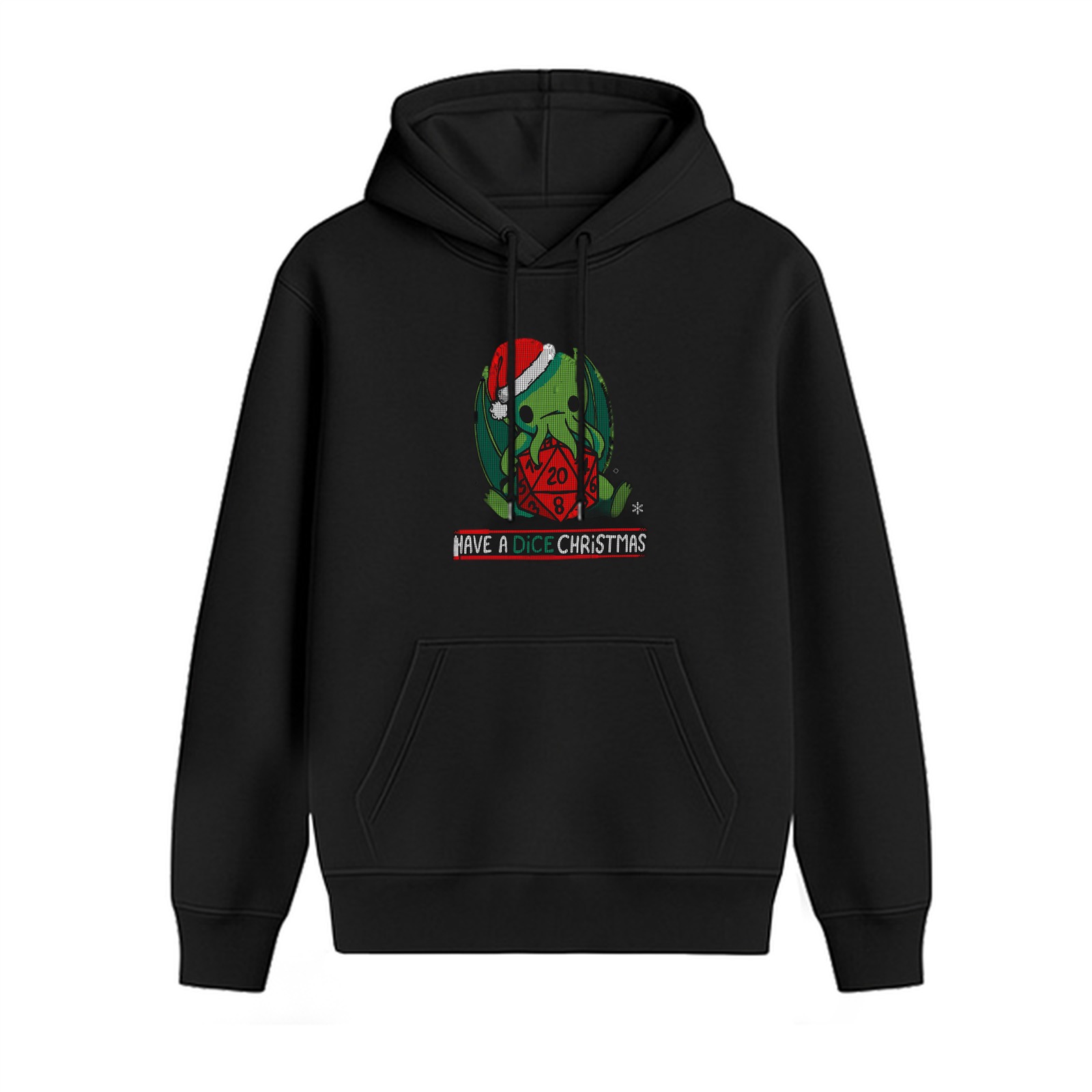 Black hoodie with cute cthulhu santa dice christmas print