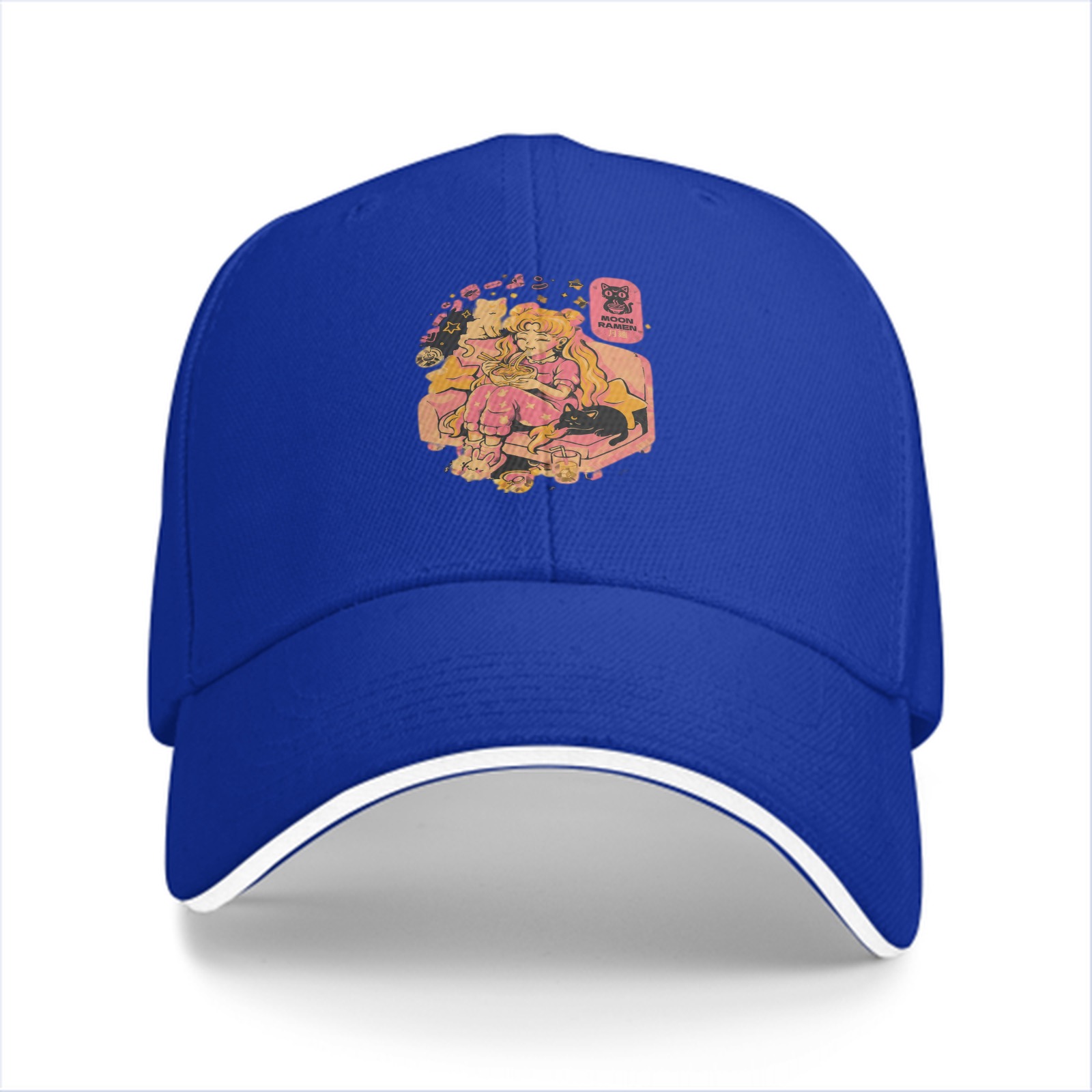 Black Baseball Cap with Anime Girl Eating Ramen Print