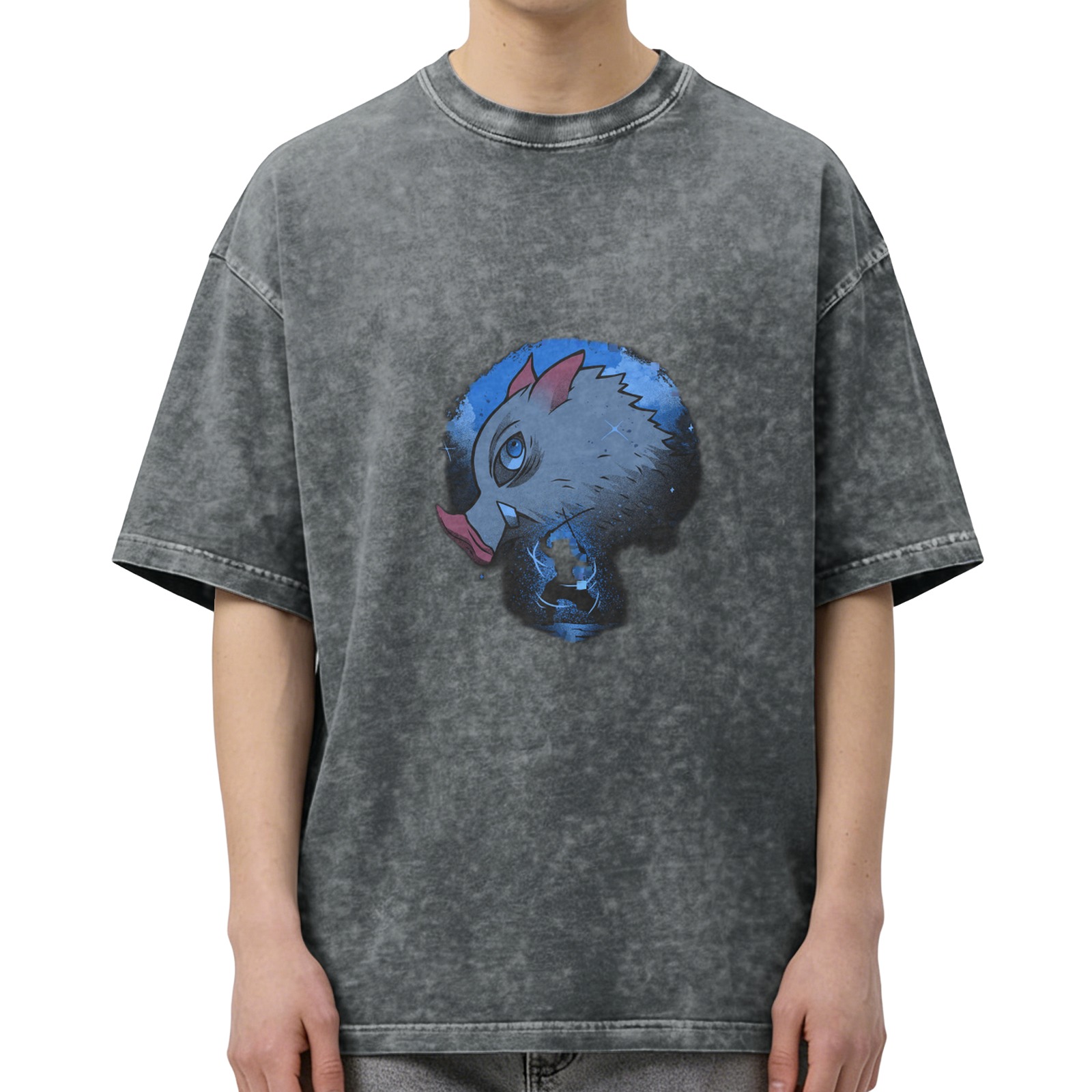 oversized dark washed t-shirt with anime boar head graphic