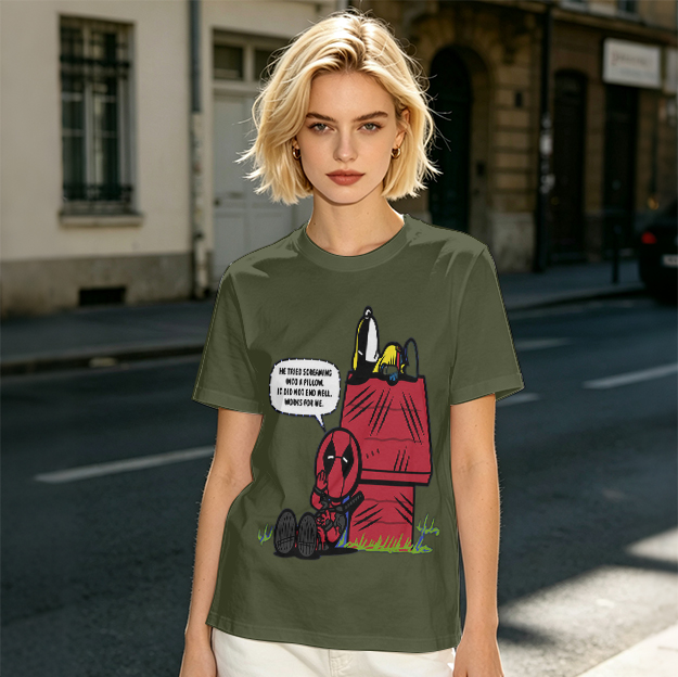 Olive t-shirt with Deadpool and Snoopy mashup graphic