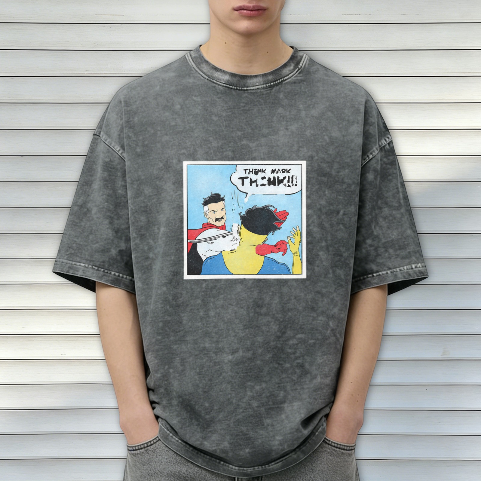 Oversized dark wash t-shirt with Invincible comic panel print
