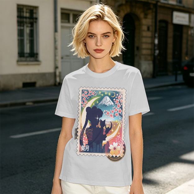Olive T-shirt with Japanese stamp-style anime graphic print