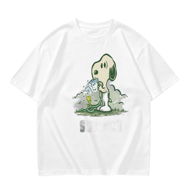 Olive T-shirt with Snoopy and Woodstock Watering Print
