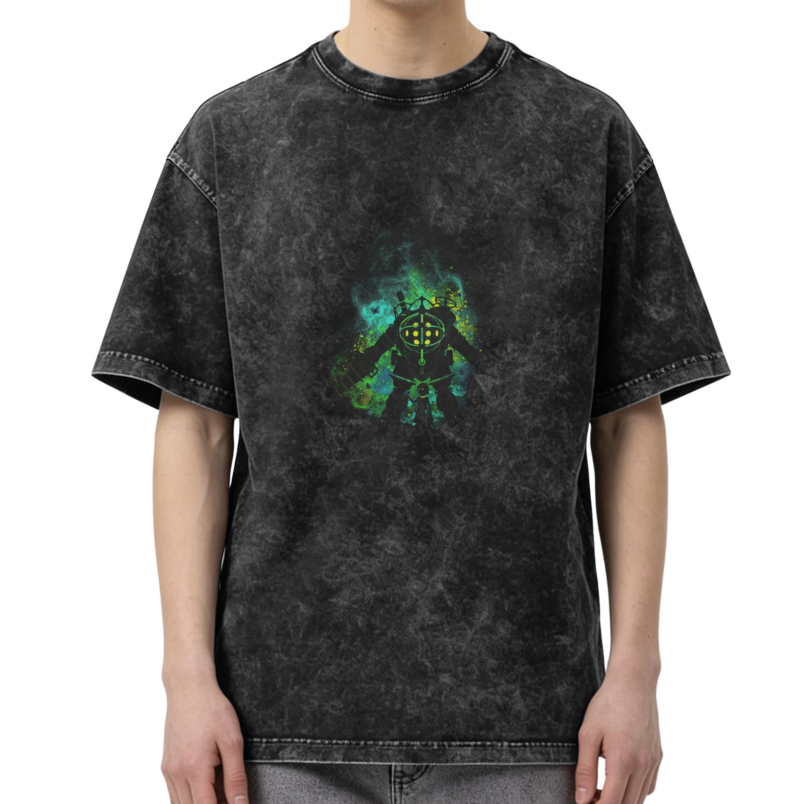 Washed Black Oversized T-Shirt With Glowing Diver Graphic Print