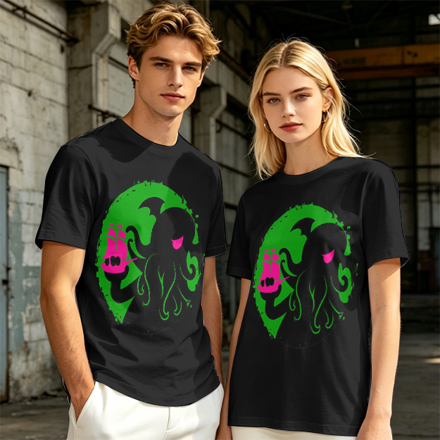 Olive T-Shirt With Cthulhu Holding Pink Ship Graphic Print