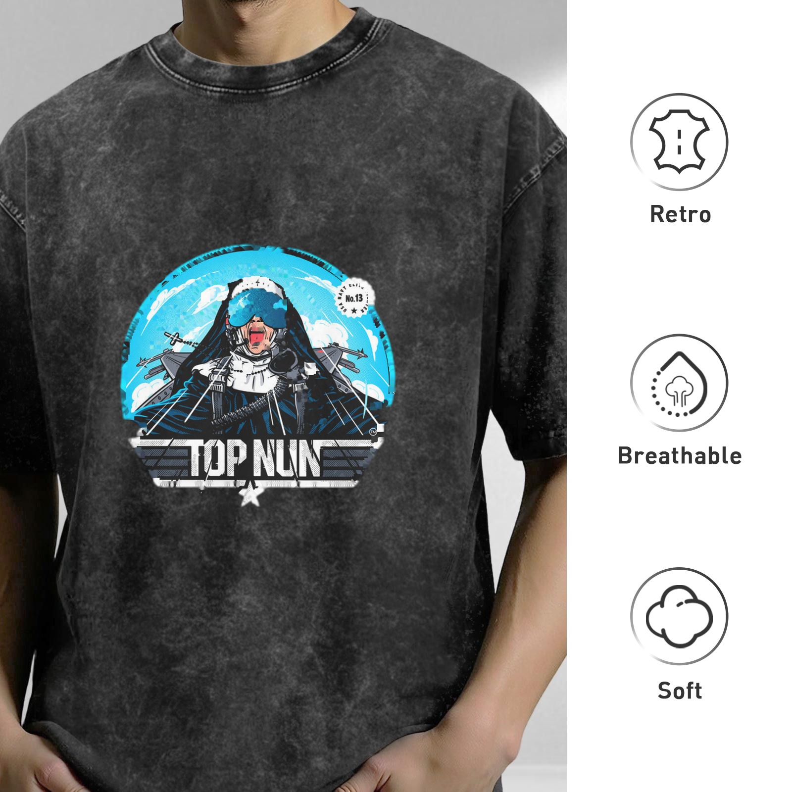 Oversized Dark Wash Graphic Tee With Top Nun Pilot Print