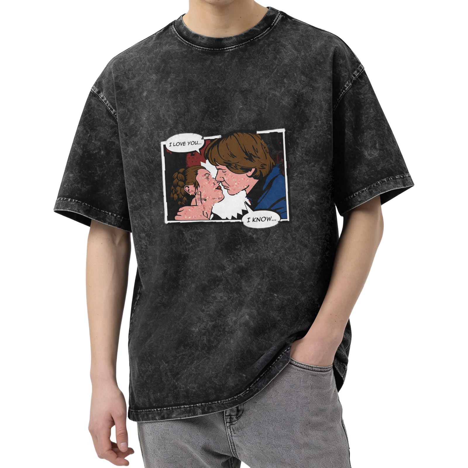 Star Wars I Love You I Know Comic Print Acid Wash T-Shirt