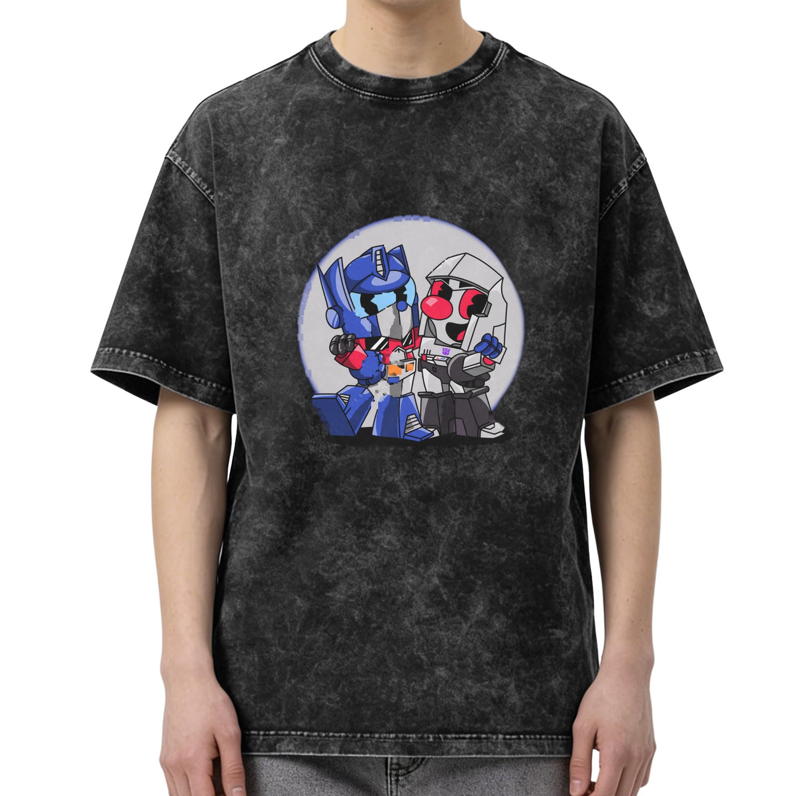 Oversized Dark Wash T-Shirt With Chibi Transformers Graphic
