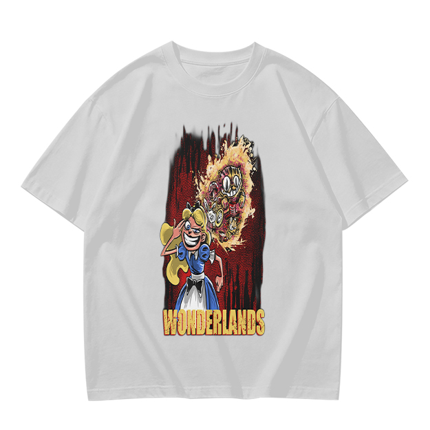 Olive Graphic Tee With Dark Wonderland Themed Cartoon Print