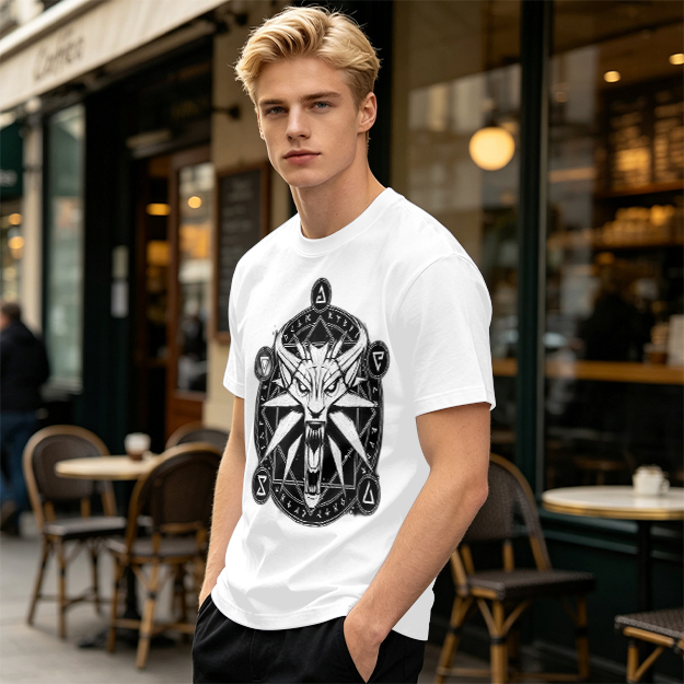 Olive T-Shirt With Witcher Wolf Medallion Magic Circle Print
