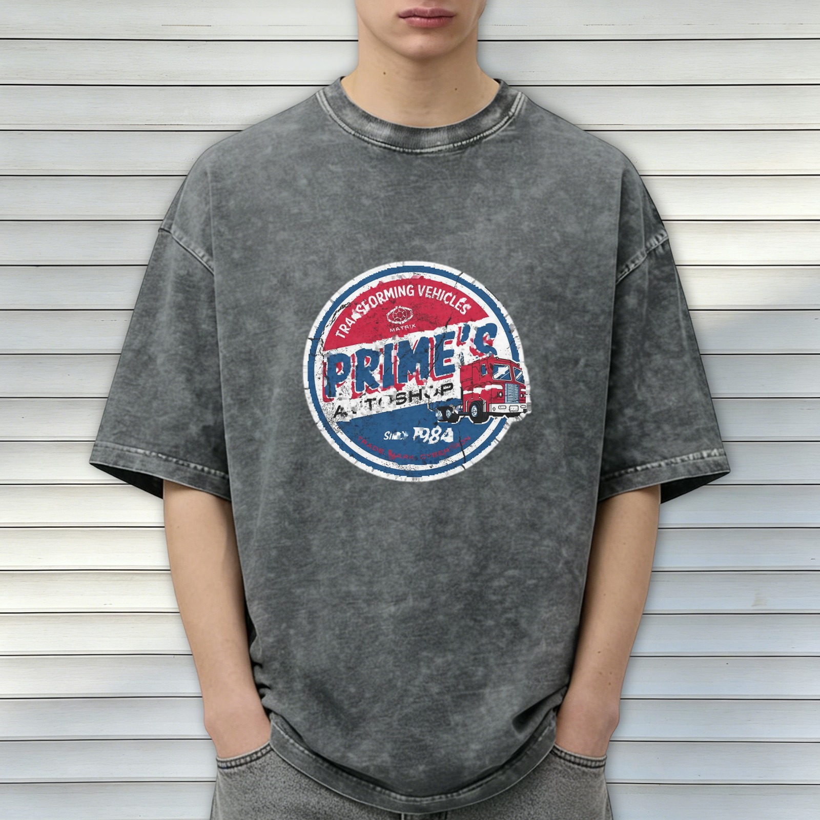 Oversized Vintage Wash T-Shirt with 'Prime's Auto Shop Transforming Vehicles' Graphic Print