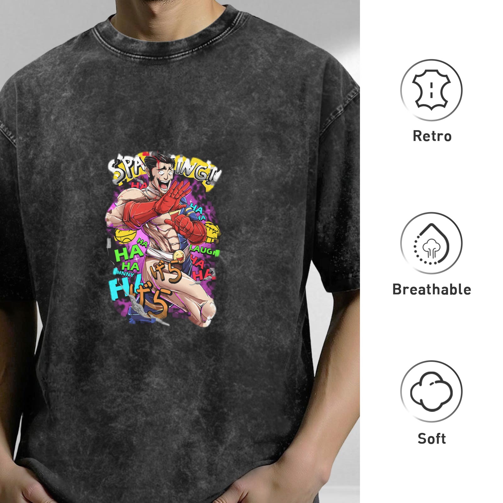 Oversized acid wash t-shirt with anime laughing fighter graphic