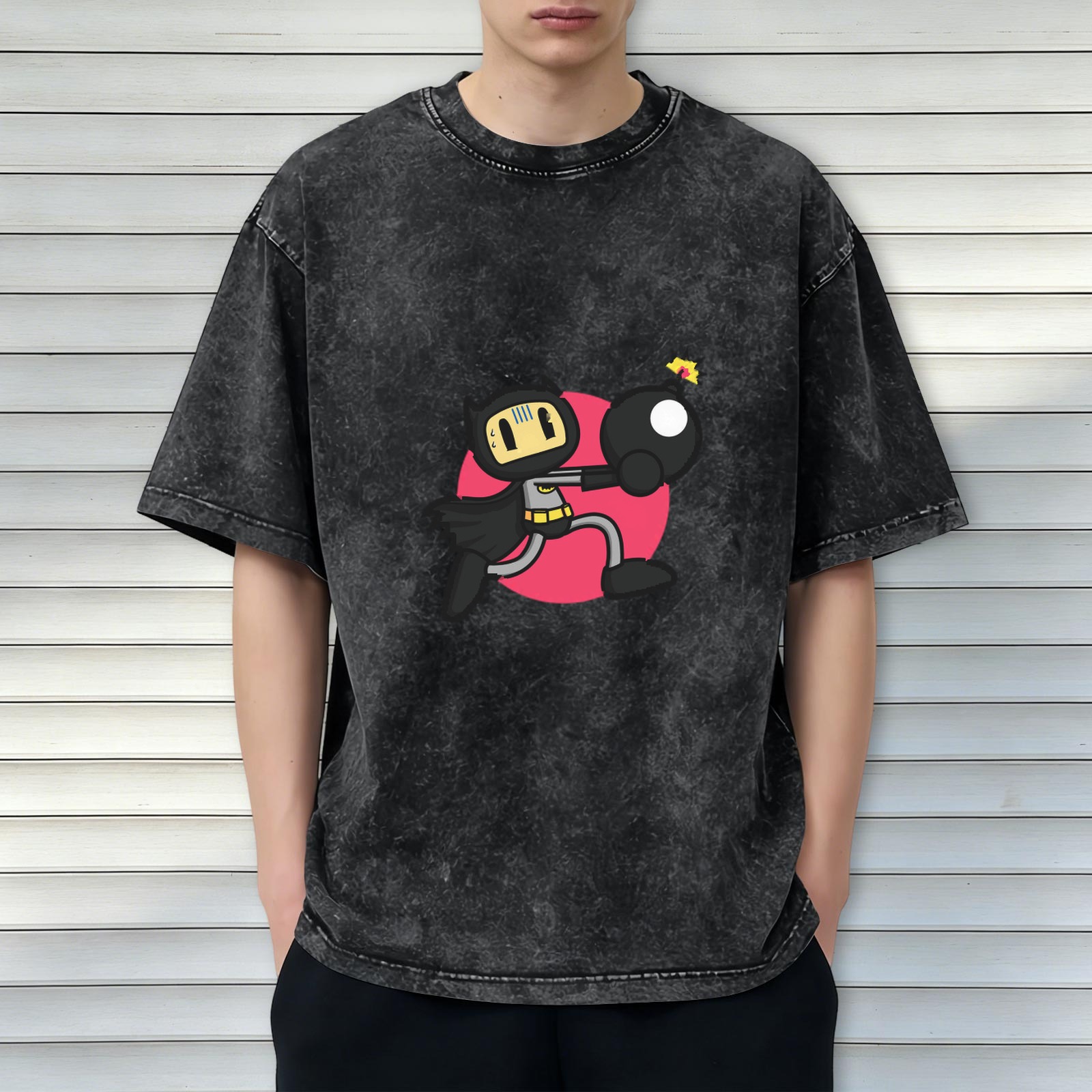 Oversized Acid Wash T-Shirt With Batman Bomber Cartoon Graphic