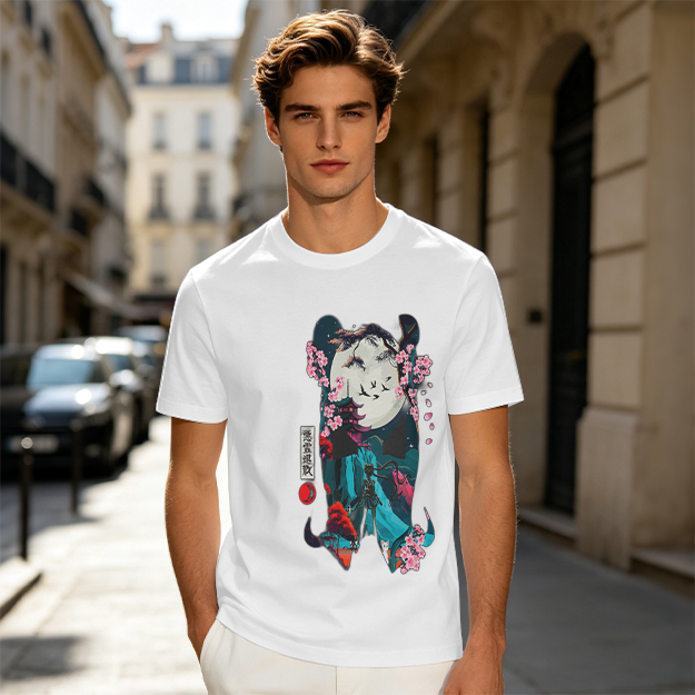 Olive T-shirt with Japanese-inspired moon and cherry blossom graphic