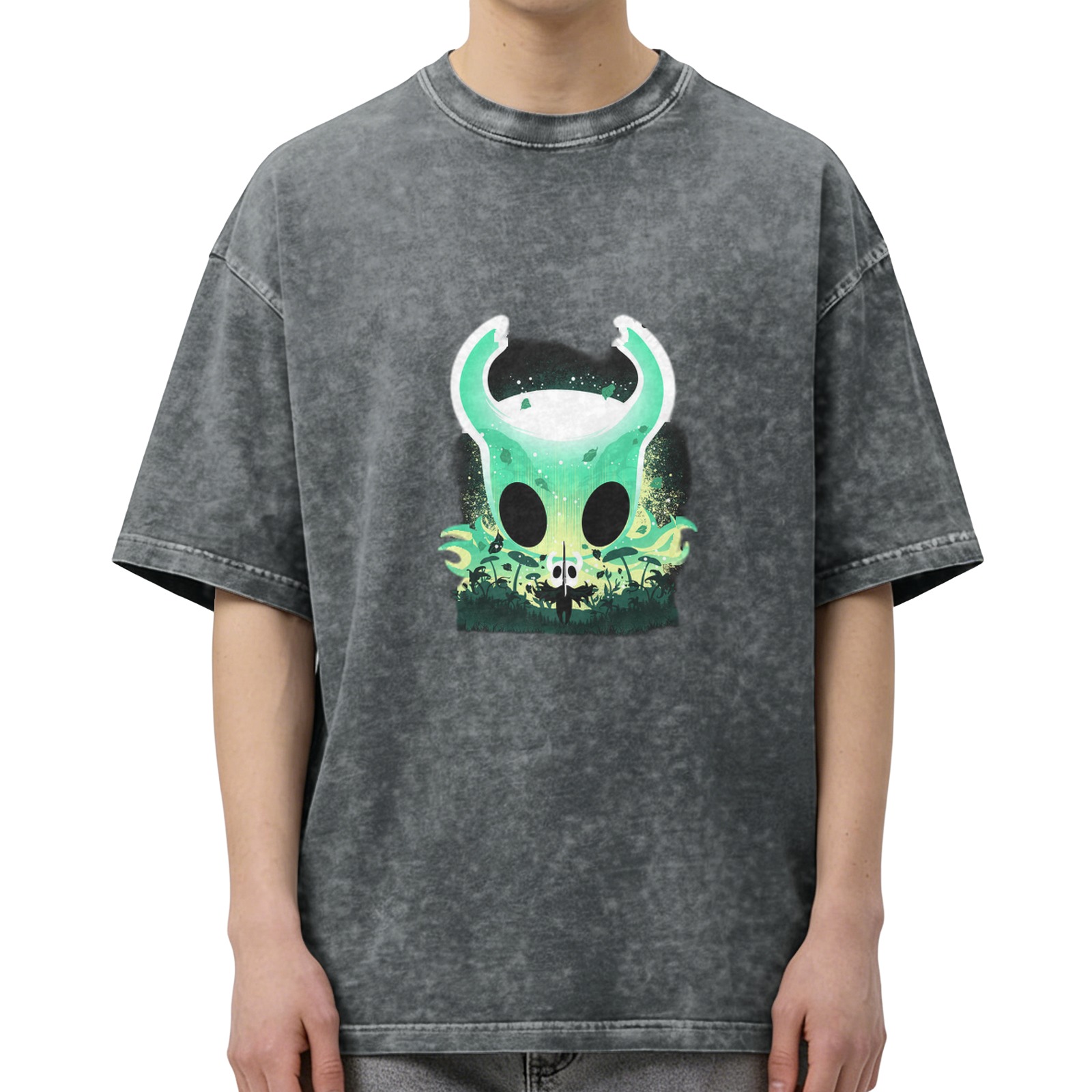 Oversized Dark Wash T-Shirt With Glowing Green Horned Skull Art