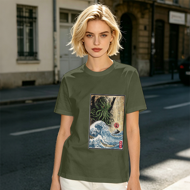 Olive T-shirt with Cthulhu Great Wave Japanese Art Print