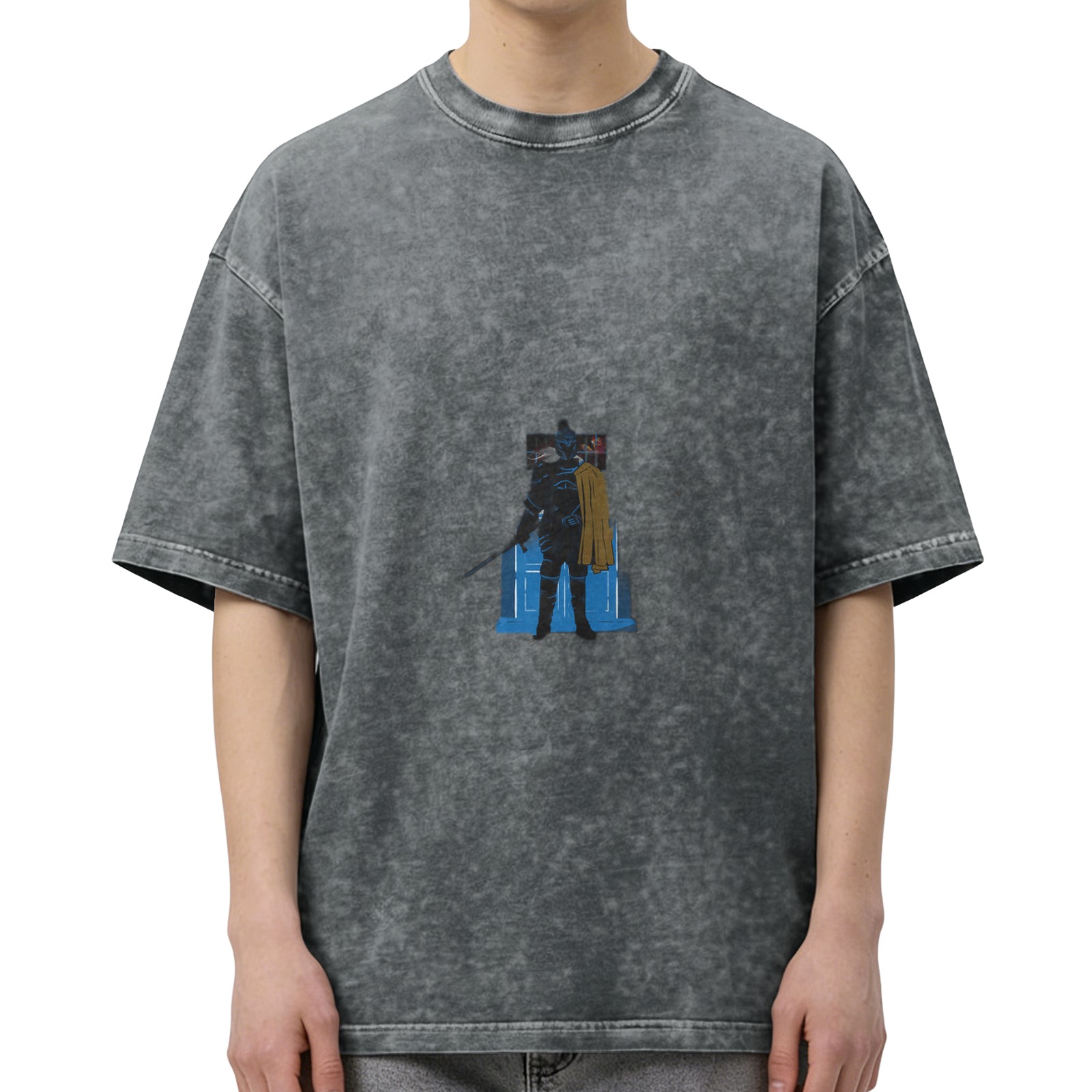 Washed Black Oversized T-Shirt with Superhero Graphic Print