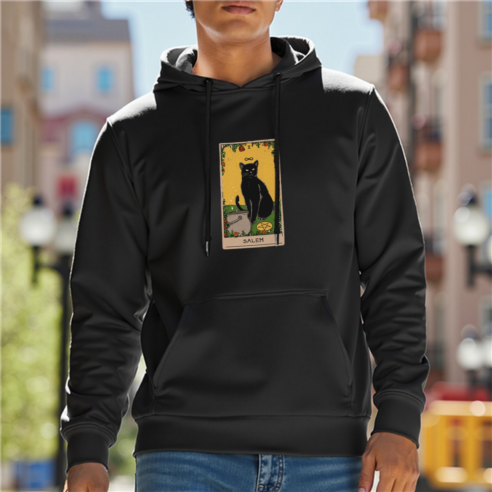 Black Hoodie With Black Cat Tarot Card Salem Print