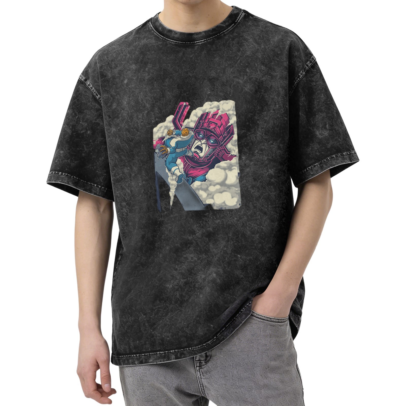 Oversized Acid Wash T-Shirt With Retro Superhero Comic Print