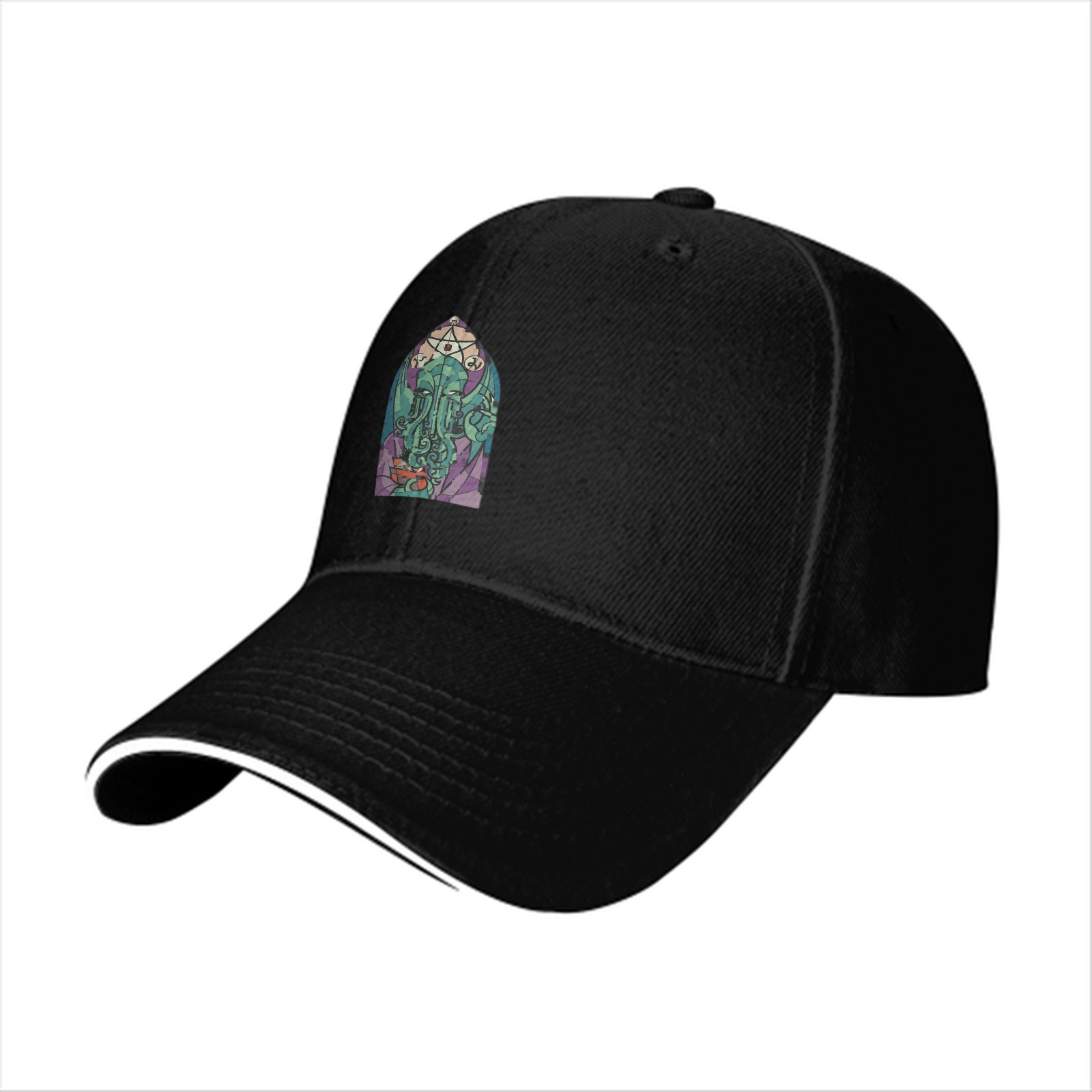 Black Baseball Cap with Cthulhu Stained Glass Style Graphic