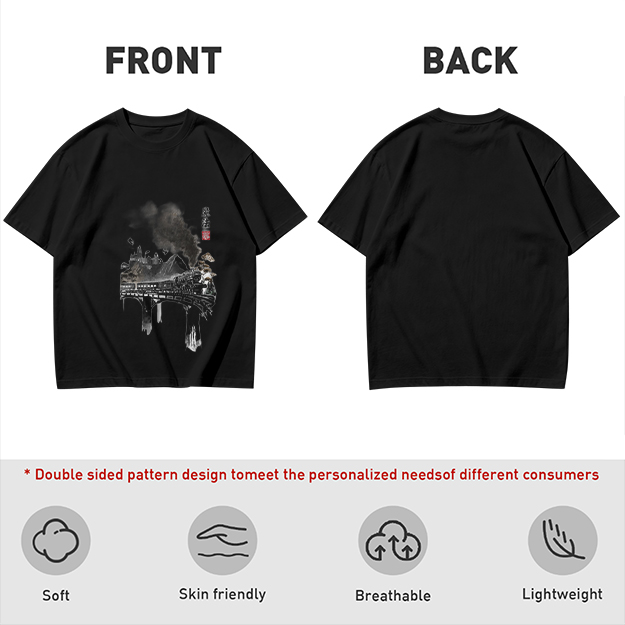 Olive green t-shirt with ink-style piano and landscape graphic