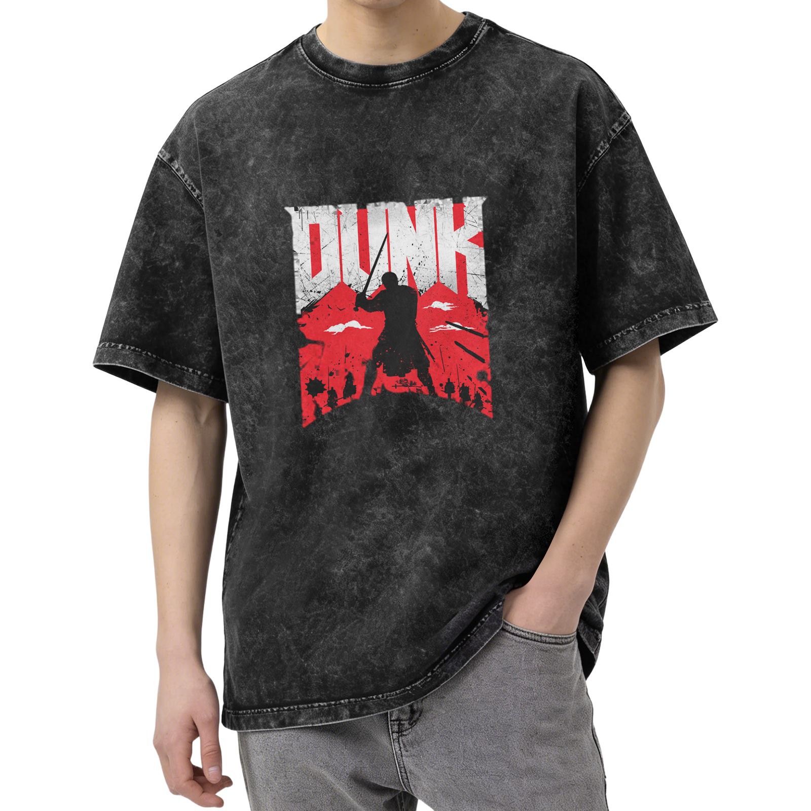 Oversized Dark Wash T-Shirt With Warrior Dunk Graphic Print