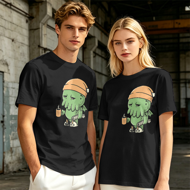 Olive T-Shirt With Sleepy Cthulhu Holding Coffee And Phone