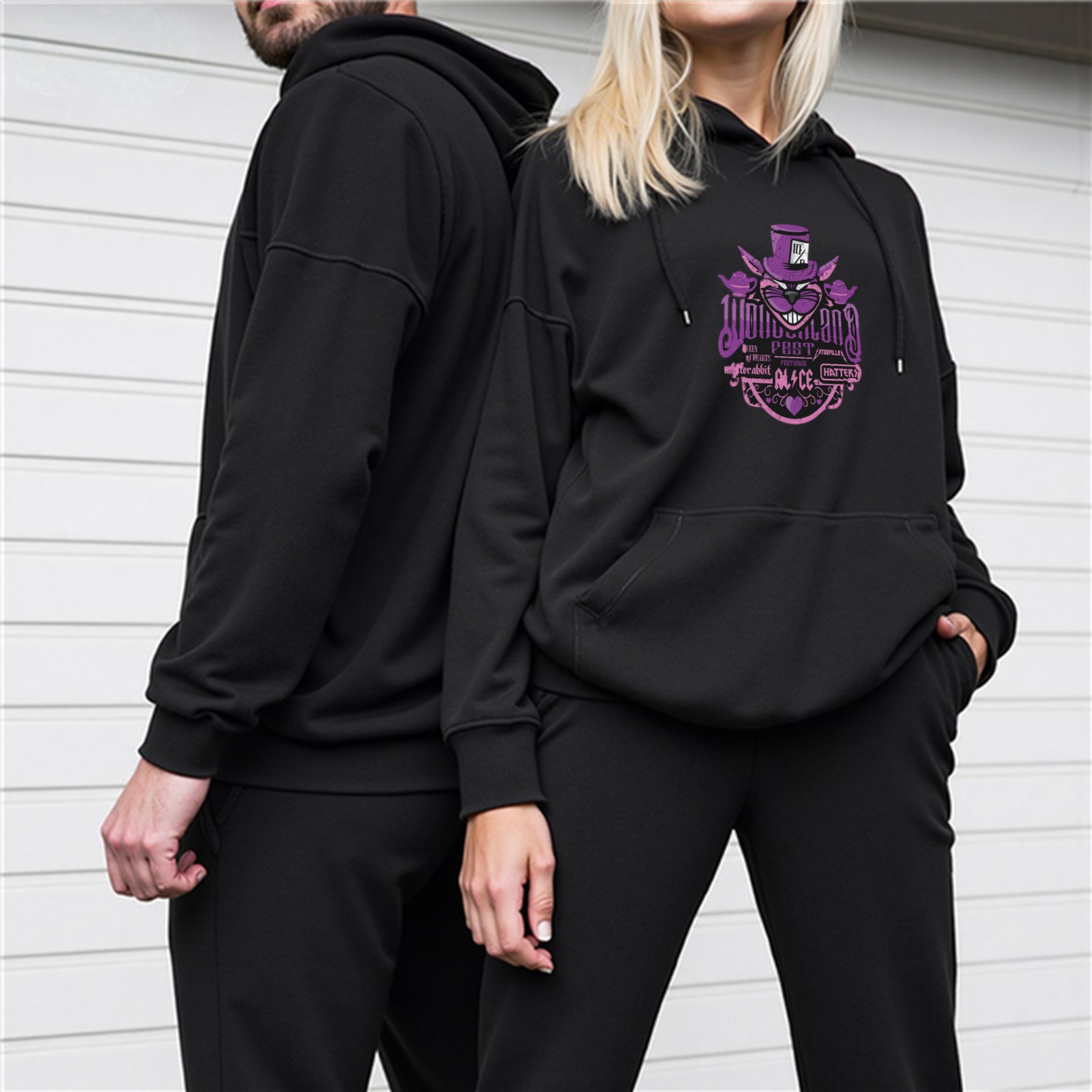 Black Hoodie with Cheshire Cat Wonderland Graphic Print