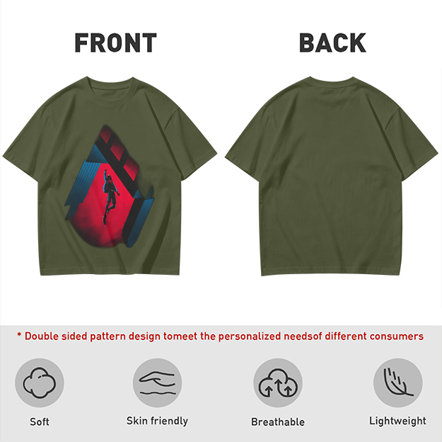 Olive T-shirt with Spider-Man mid-swing over city buildings