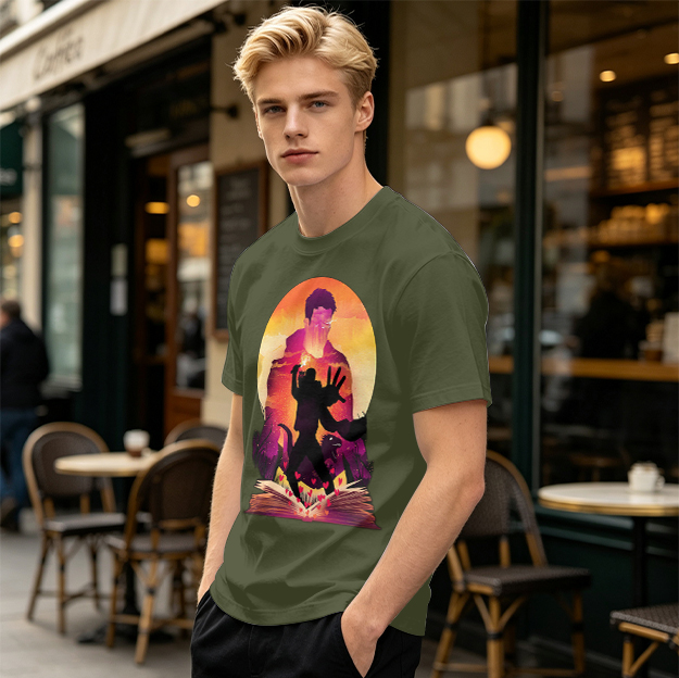Olive T-Shirt With Fantasy Sunset Silhouette Graphic Print