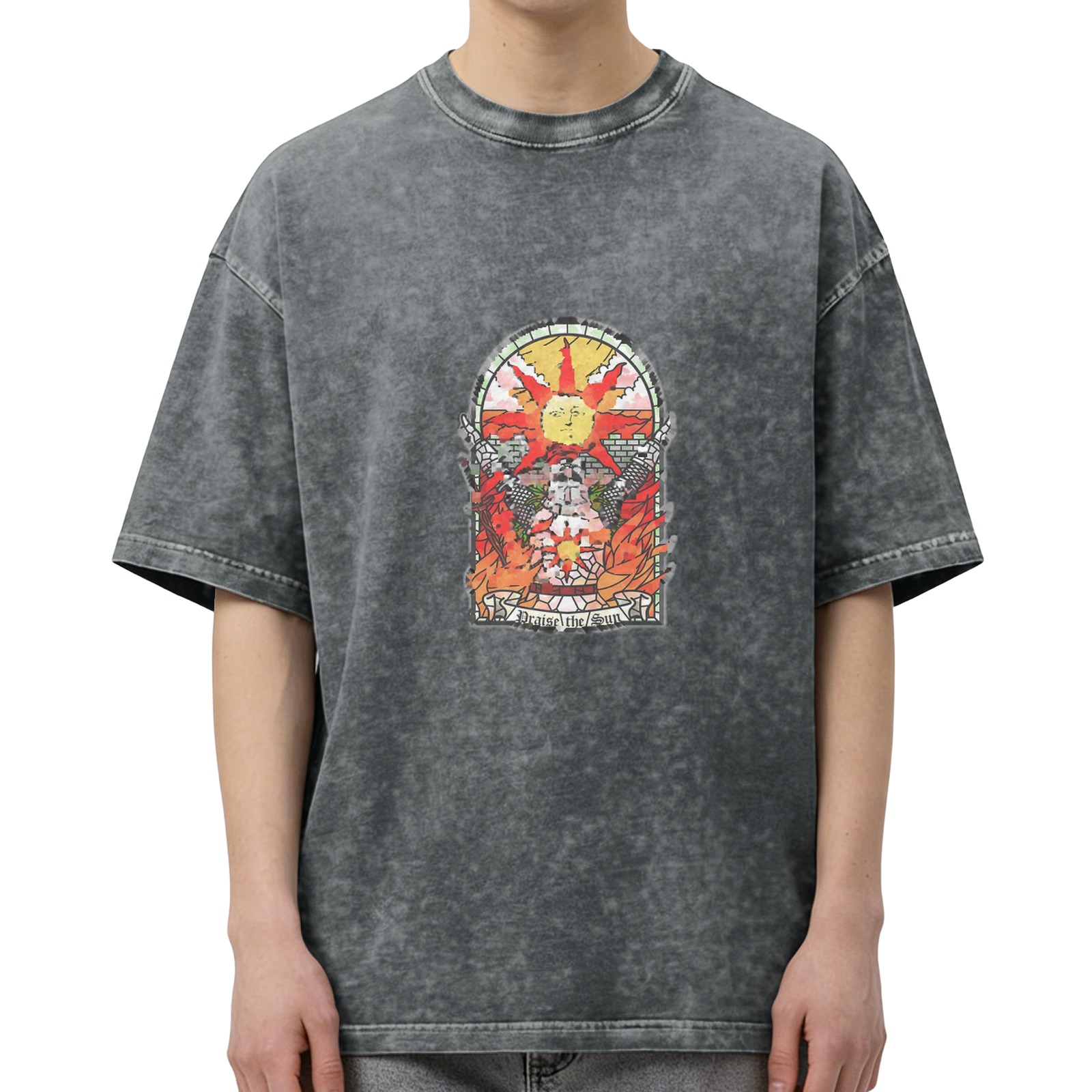 Dark Wash Oversized T-Shirt with 'Praise the Sun' Stained Glass Style Graphic