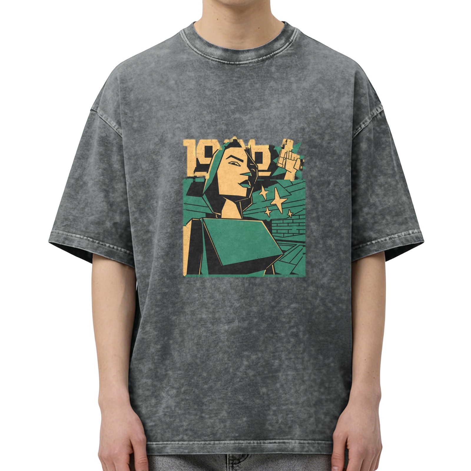 Oversized Acid Wash T-Shirt With Retro Propaganda Style Graphic Print