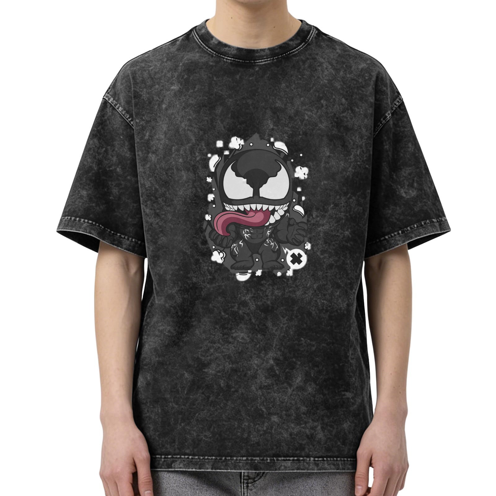 Oversized Acid Wash T-Shirt With Cute Chibi Venom Graphic
