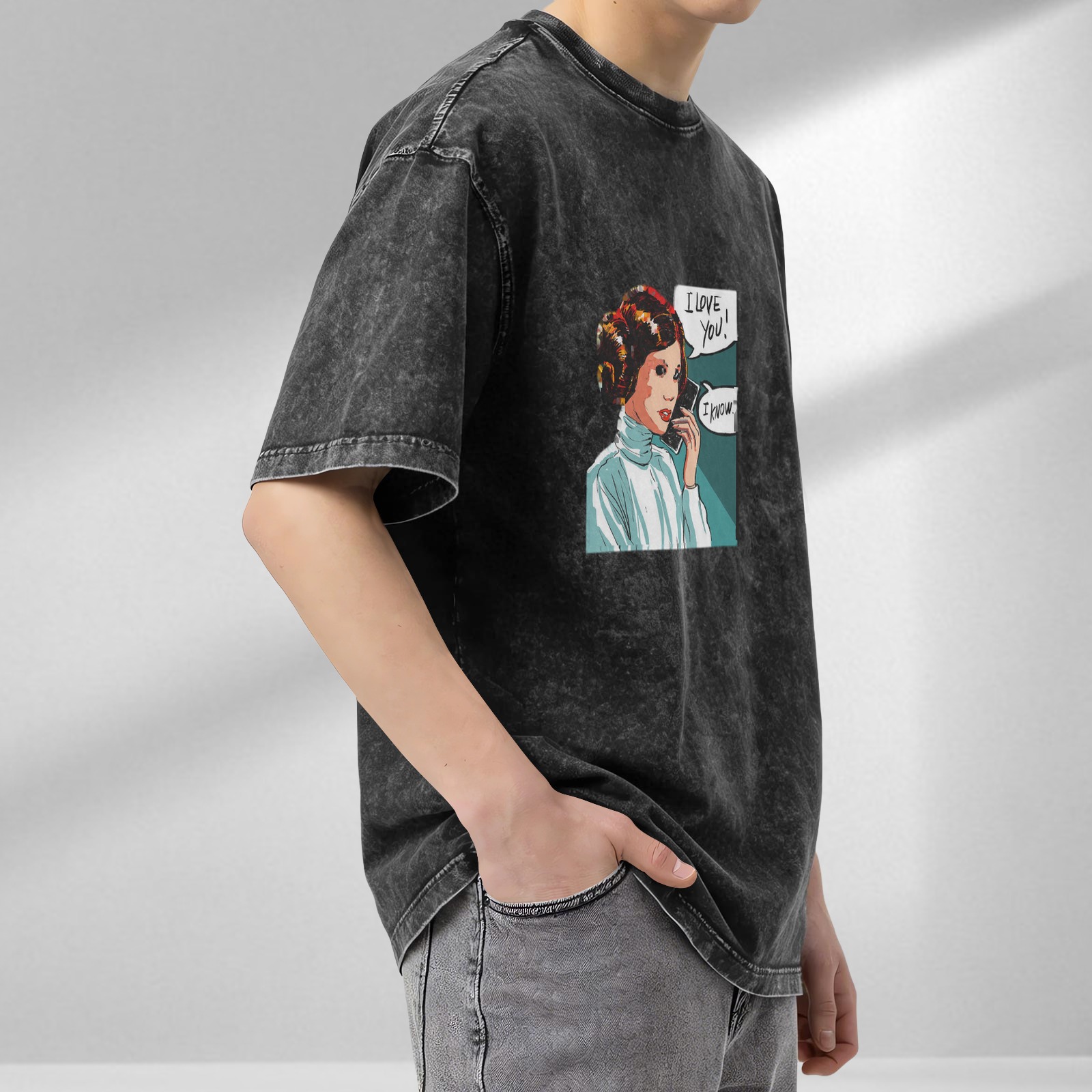 Washed Black T-Shirt with Princess Leia I Love You I Know Artwork