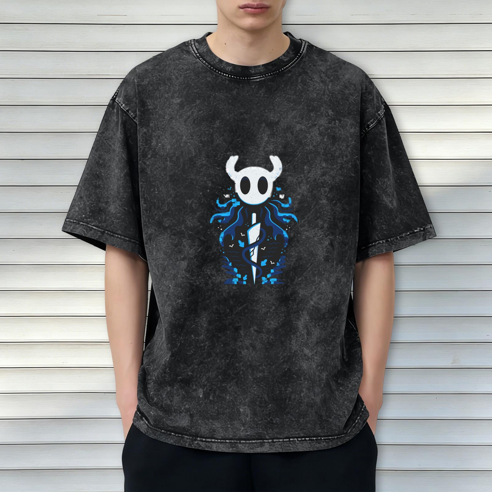 Hollow Knight themed distressed washed black short-sleeved T-shirt and game peripheral printed loose top