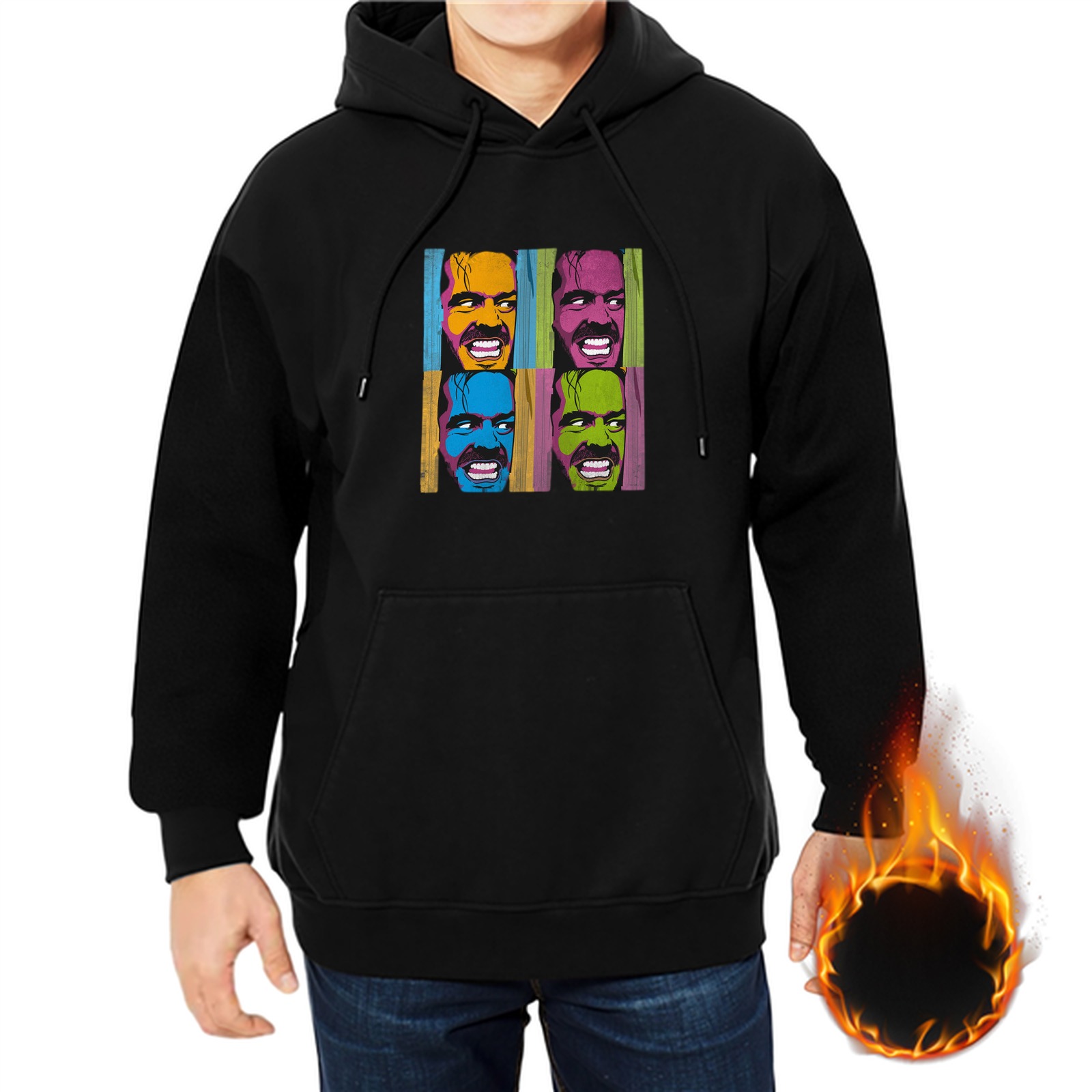 Black Hoodie With Pop Art Style Multi Colored Face Print
