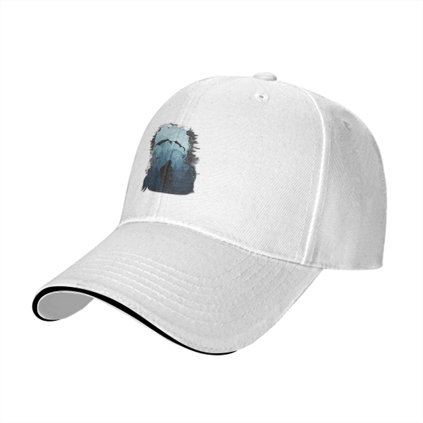 Black Baseball Cap With Abstract Blue Figure Print