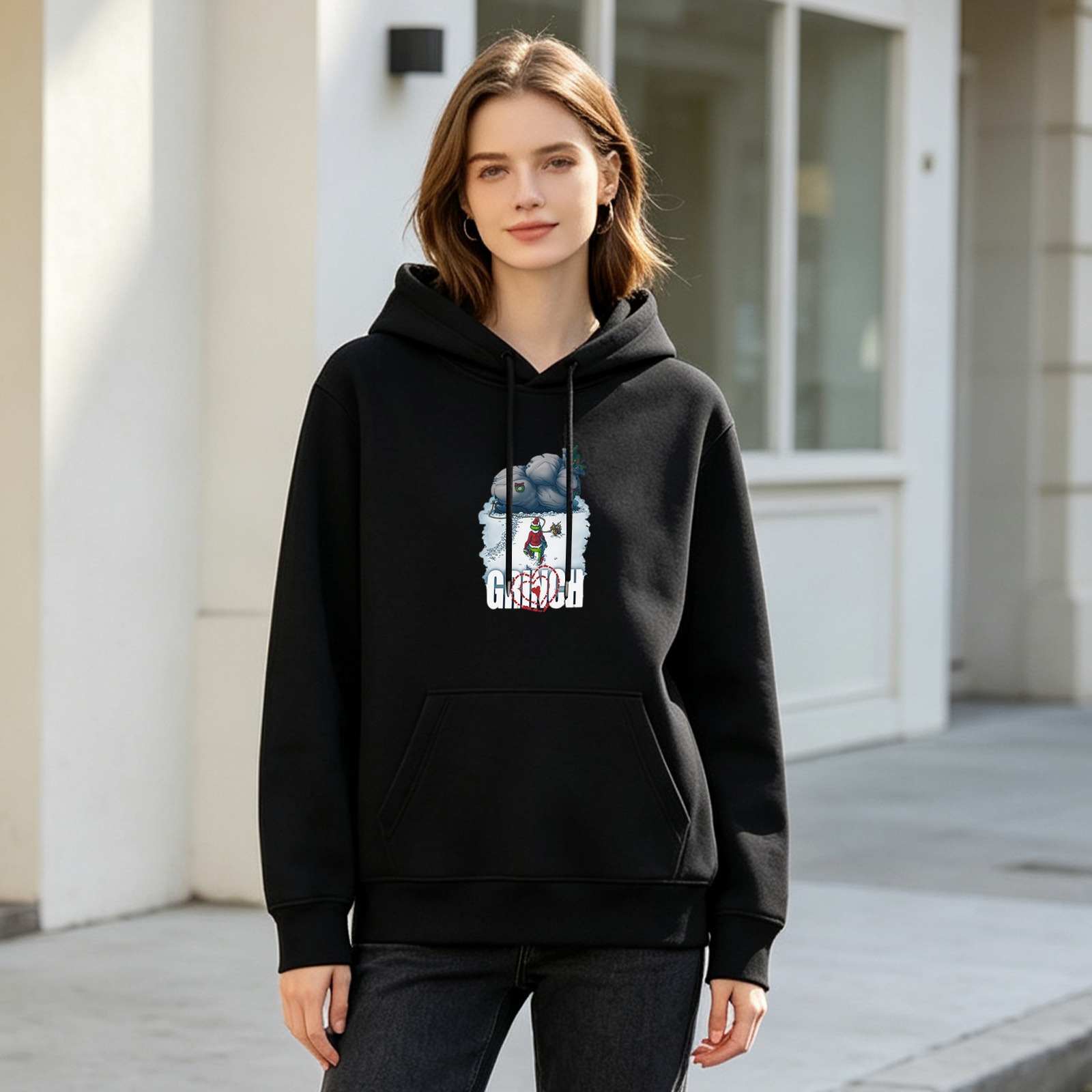 Black hoodie with Grinch Christmas graphic print