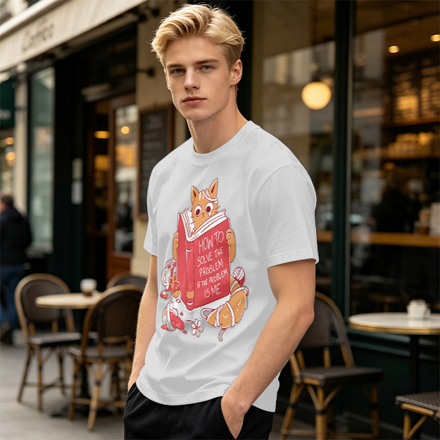 Olive T-Shirt With Ginger Cat Reading Self-Help Book Print