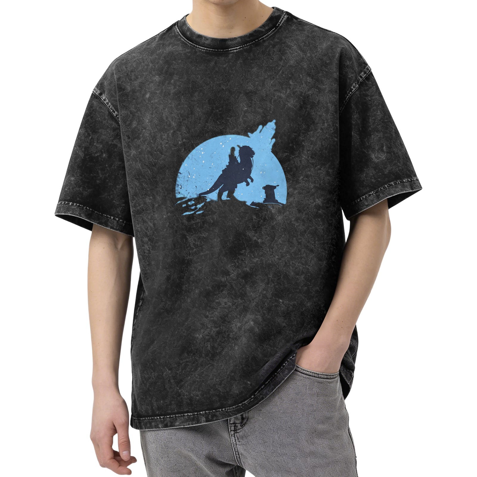 Washed Black T-Shirt With Sci-Fi Creature Rider Silhouette Graphic