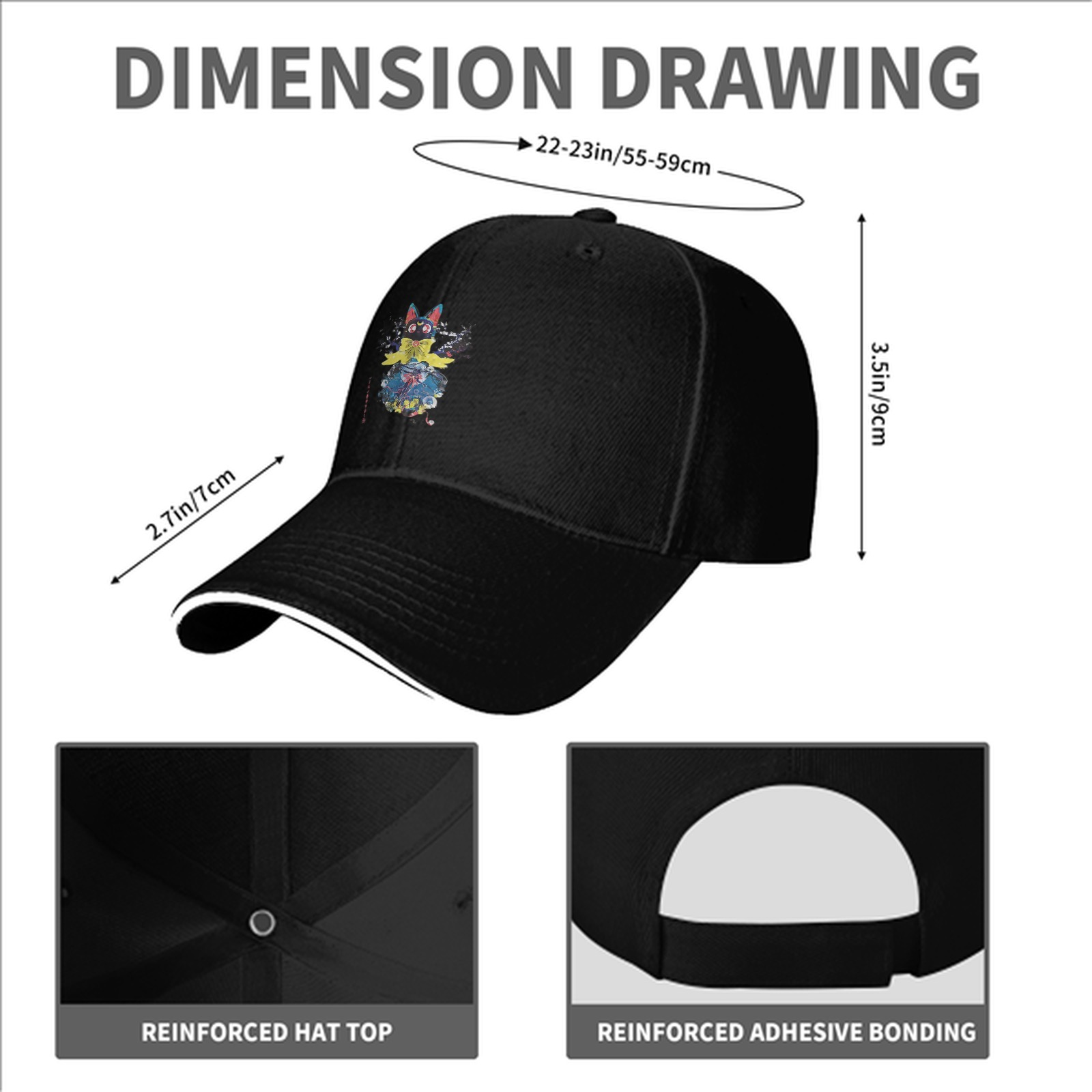 Black Baseball Cap With Anime Black Cat Graphic Print
