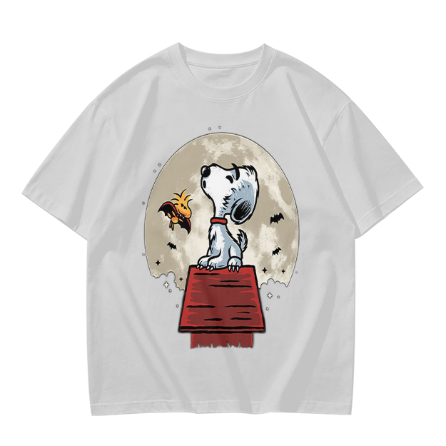 Snoopy and Woodstock on Doghouse Under Full Moon T-Shirt