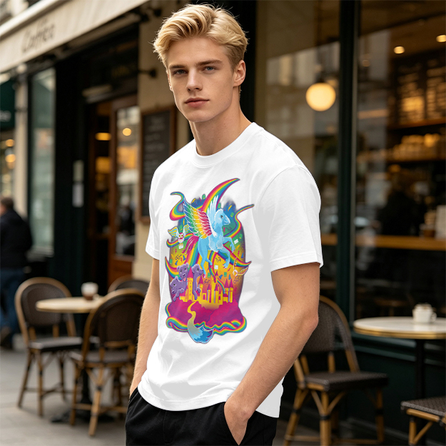 Olive T-Shirt With Whimsical Rainbow Fantasy Creature Castle Art