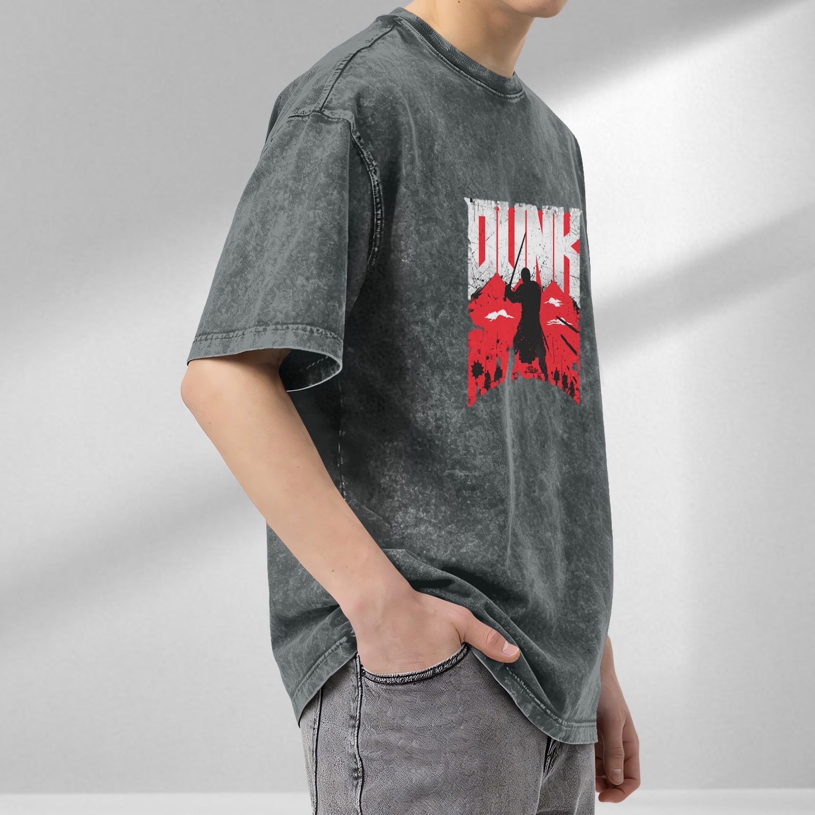 Oversized Dark Wash T-Shirt With Warrior Dunk Graphic Print